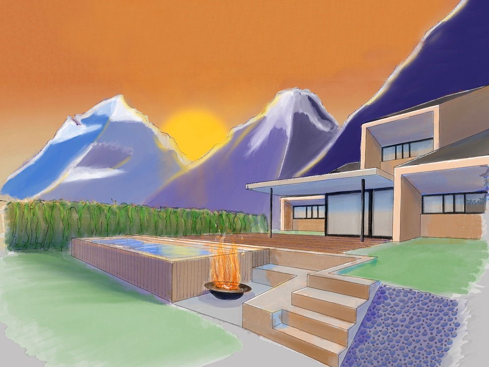 croquis de l'espace extérieur, croquis d'architecte, étude de transformation, architecture en Valais, architecture contemporaine, architecture moderne