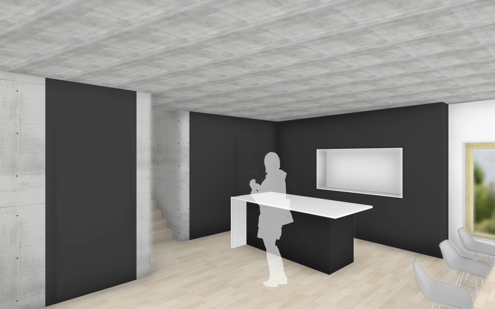 image de cuisine avec matériaux agencement noir et sol bois, matériaux moderne, espace moderne, villa de luxe, étude d'aménagement, aménagement de luxe, aménagement sur mesure, détails de qualité, architecture moderne, architecte Saint-Léonard, architecte Sion, villa de luxe, habitation individuelle, matériaux durables, matériaux de qualité, matériaux stylés