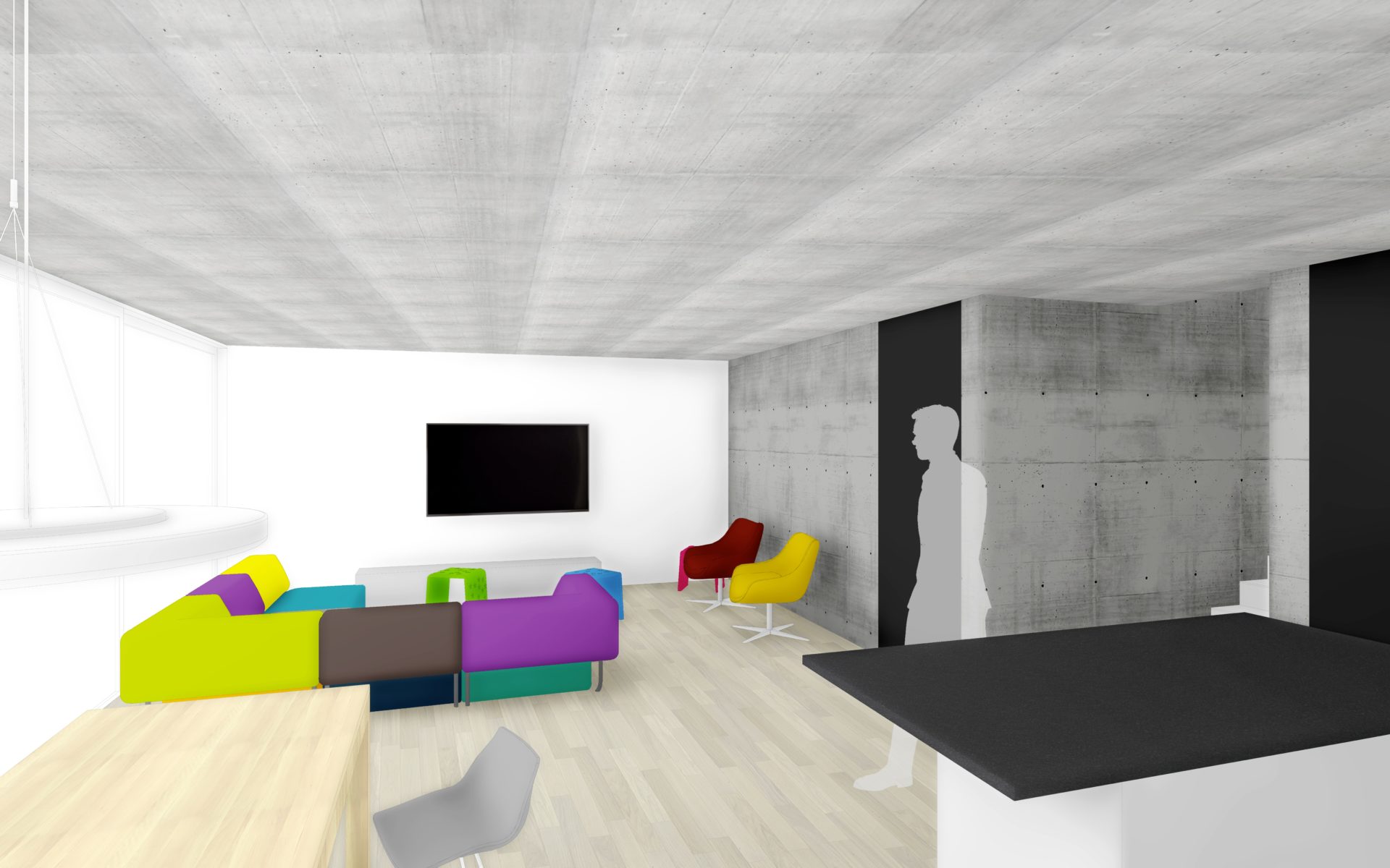 image du séjour avec mur béton apparent et sol bois, matériaux moderne, espace moderne, villa de luxe, étude d'aménagement, aménagement de luxe, aménagement sur mesure, détails de qualité, architecture moderne, architecte Saint-Léonard, architecte Sion, villa de luxe, habitation individuelle