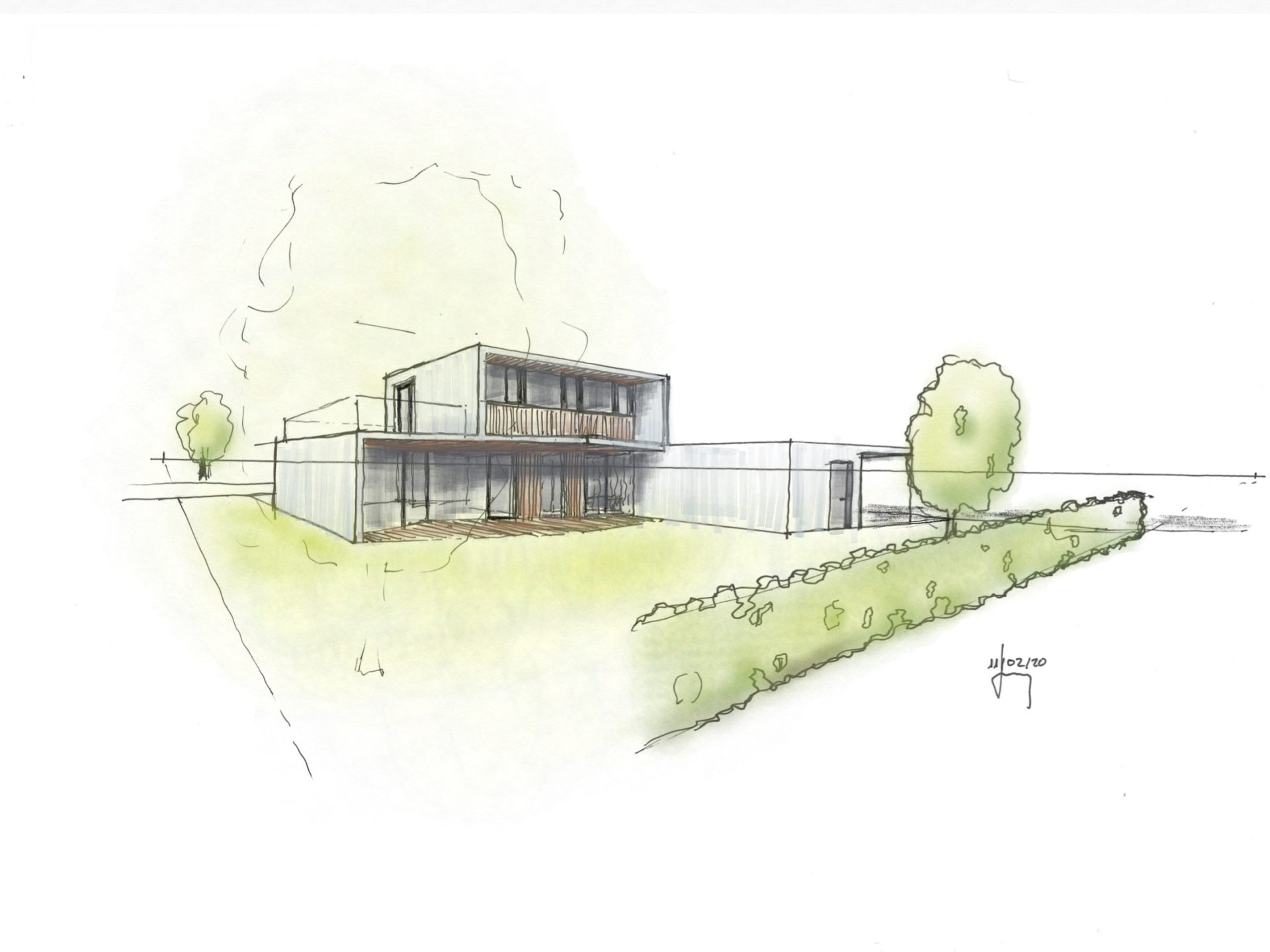 croquis avant-projet, présentation projet d'architecture habitation individuelle à Saint-Léonard, croquis d'architecture, esquisse de présentation, dessin concept d'architecture moderne, matériaux, volumétrie, architecte saint-léonard, architecture Sion, architecture valais, orientation et vue, espaces de vie, exposition au soleil