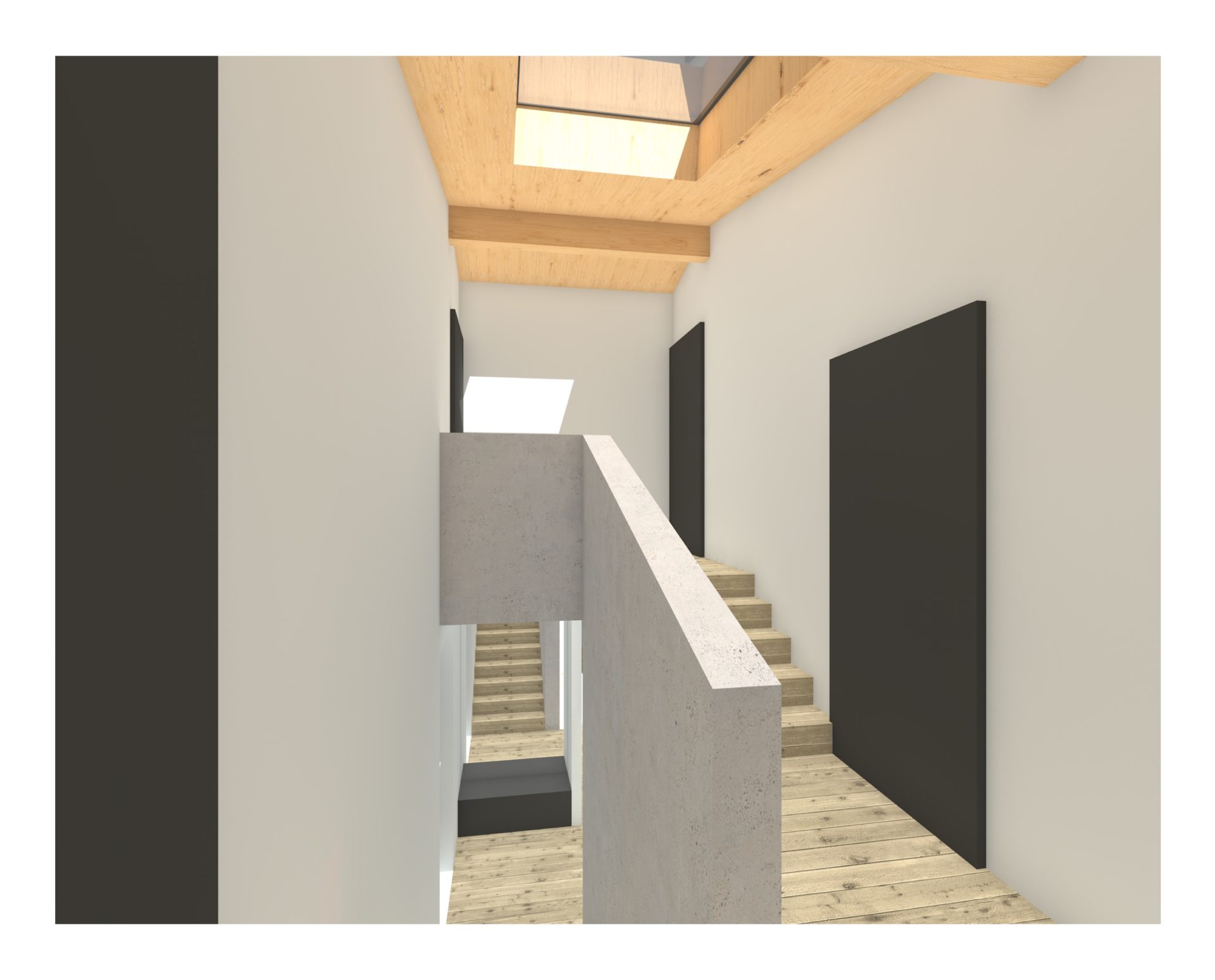 vue de l'espace de distribution en demi niveau de l'escalier avec puit de lumière, espace lumineux, matériaux de qualité, matériaux chaleureux, matériaux durables, architecte moderne, espaces moderne, conception moderne, architecte valais, architecte Sion, villa individuelle, habitation, logement écologique, logement durable, chauffage pompe à chaleur, panneaux photovoltaïques