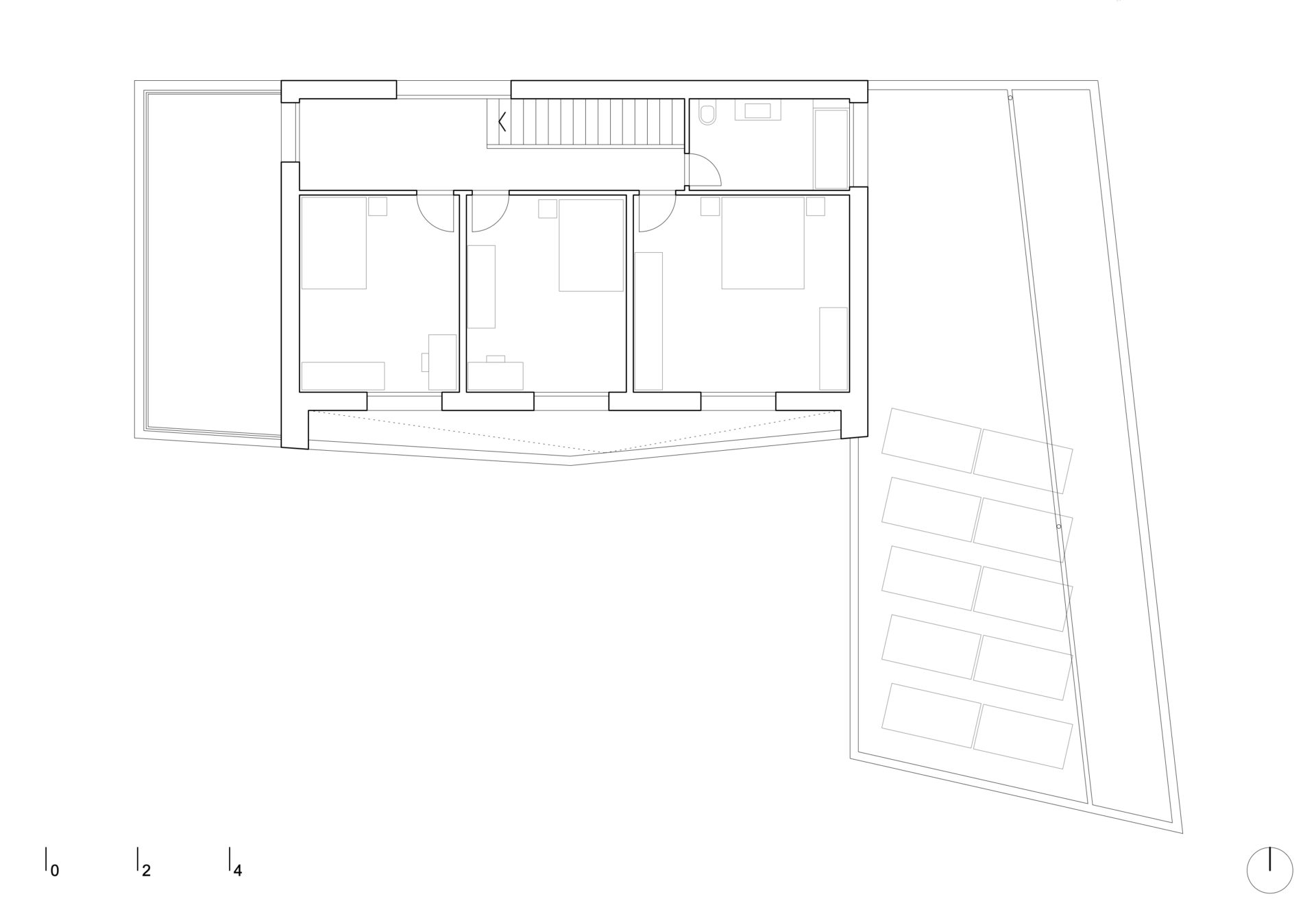 plan de l'étage, plan d'architecte, chambres et salle de bain, conception architecturale, architecture moderne, architecte sion, architecte valais, construction moderne, villa durable, efficience énergétique, panneaux solaires, terrasse, avant-toit pour l'exposition au soleil