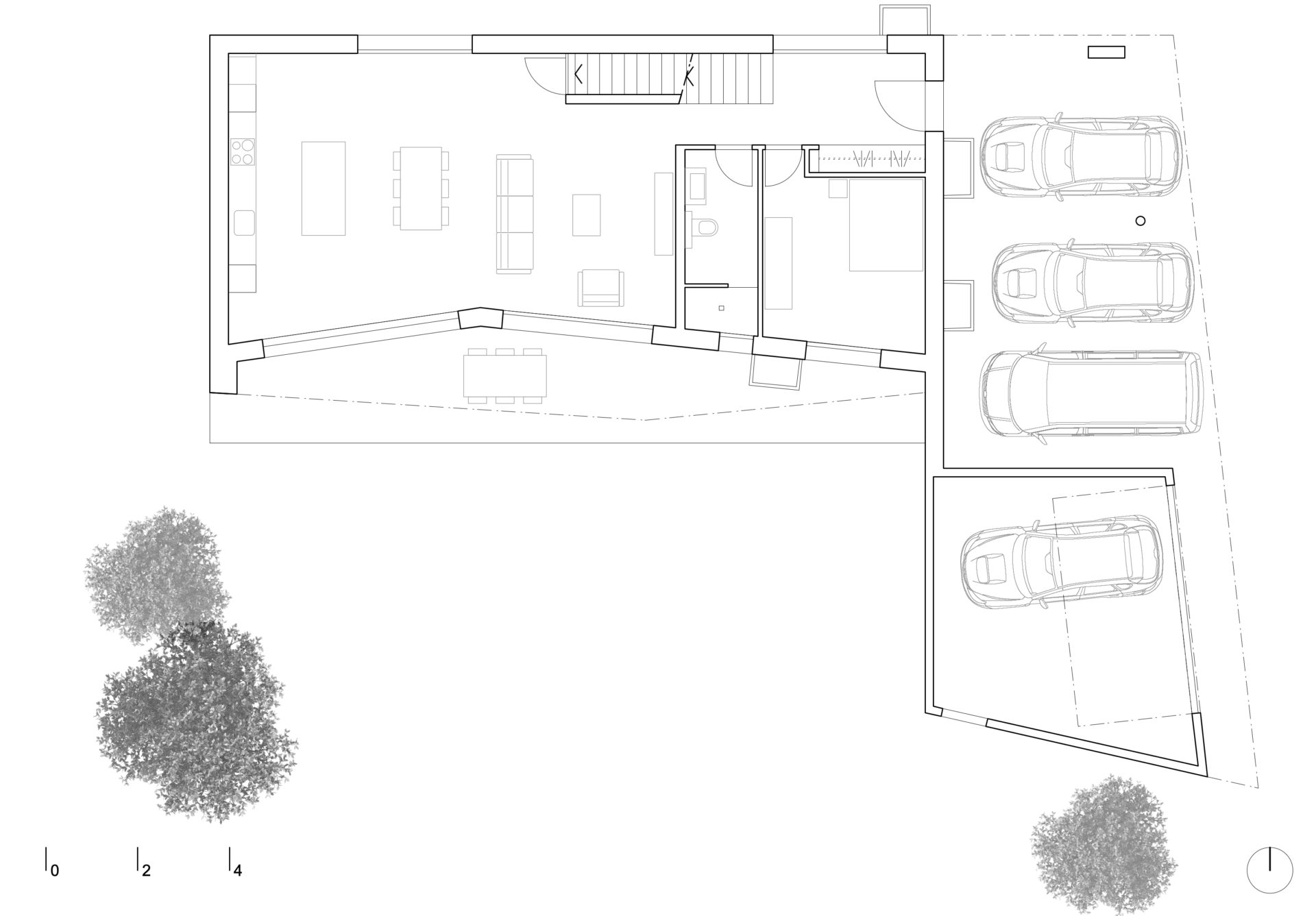 plan du rez-de-chaussée, architecture moderne, couvert à voiture et garage, espaces de vie ouvert, terrasse couverte, protection solaire, espaces extérieures avec soleil et vue, architecture moderne, architecte Sion, architecte valais, construction durable, construction de qualité