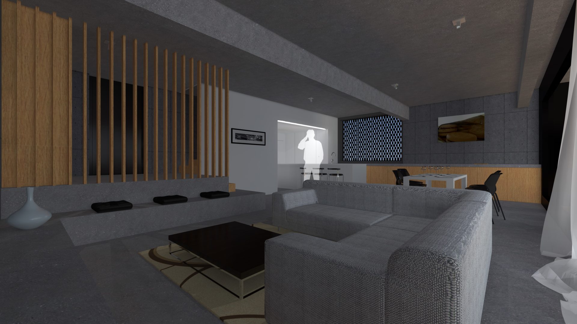 image intérieur cuisine, séjour et salle à manger, parois en béton et aménagement en bois, espace moderne