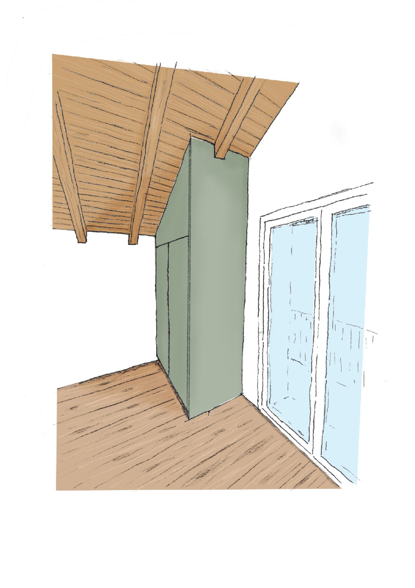 esquisse d'étude, aménagement intérieur, transformation d'un habitation à Saint-Léonard, architecture valais, étude d'architecture à Saint-Léonard, matériaux, couleurs, aménagement intérieur sur mesure, rénovation moderne, bois apparent, transformation durable, architecte valais, architecte sion