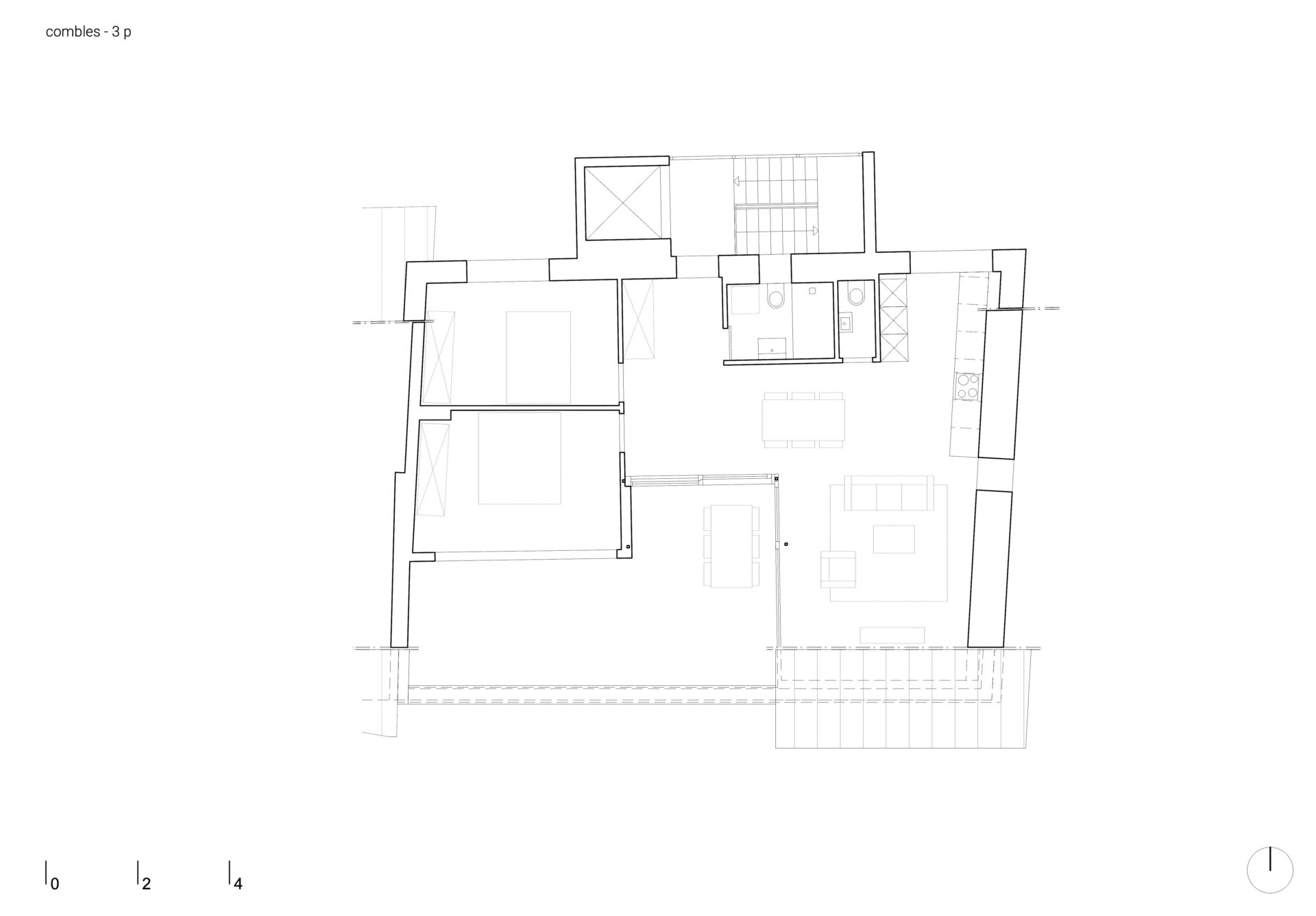 Plan des combles, appartement 3,5 pièces, terrasse en toiture, balcon baignoire, espace extérieur de qualité, vue et ensoleillement, transformation, agrandissement rénovation, isolation de façades, qualité énergétique, efficience énergétique, aménagement moderne, architecture moderne, espaces de vie lumineux, espaces de vie ouvert, espace jour ouvert, espace extérieur, architecte Sion, architecte valais, habitation à Saint-Léonard