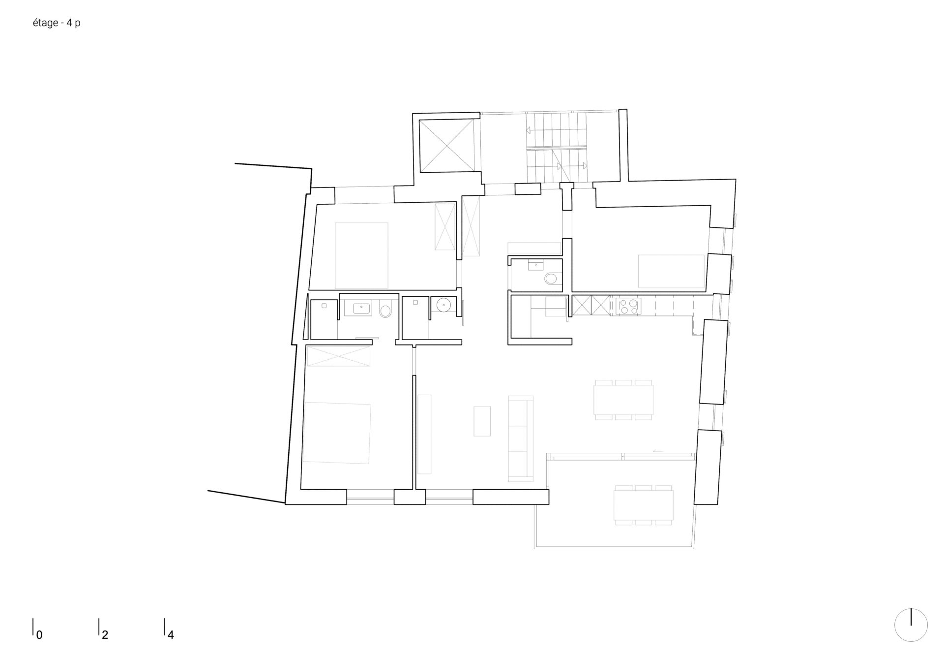 Plan du 1er étage, appartement 4,5 pièces, loggia habitable, balcon aménageable, espace extérieur de qualité, vue et ensoleillement, transformation, agrandissement rénovation, isolation de façades, qualité énergétique, efficience énergétique, installation de pompe à chaleur, aménagement moderne, architecture moderne, espaces de vie lumineux, espaces de vie ouvert, espace jour ouvert, espace extérieur, architecte Sion, architecte valais, habitation à Saint-Léonard, préservation du patrimoine, intégration à l'existant, rénovation d'habitation