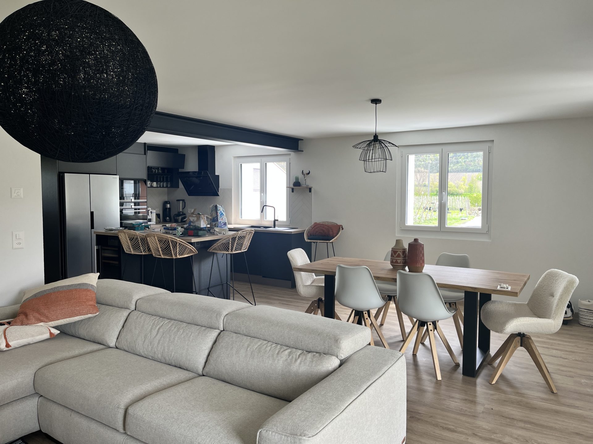 séjour et cuisine, étude d'espace de vie, zone de vie, matériaux, luminosité, espace et qualité