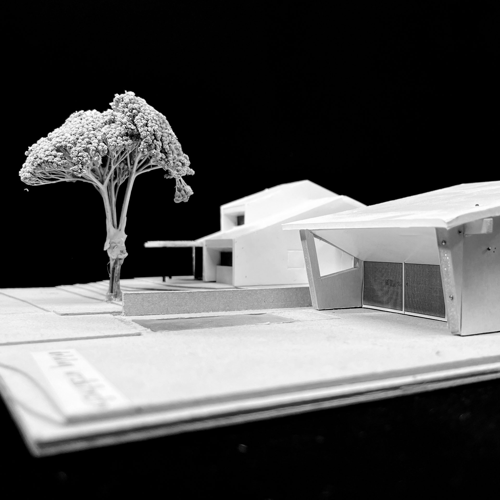 Photo maquette en noir et blanc, photo stylée, maquette d'étude de projet, construction villa à Saint-Léonard, construction habitation individuelle valais, espaces extérieurs de qualité, villa avec piscine, villa de luxe, projet luxueux, vue et ensoleillement