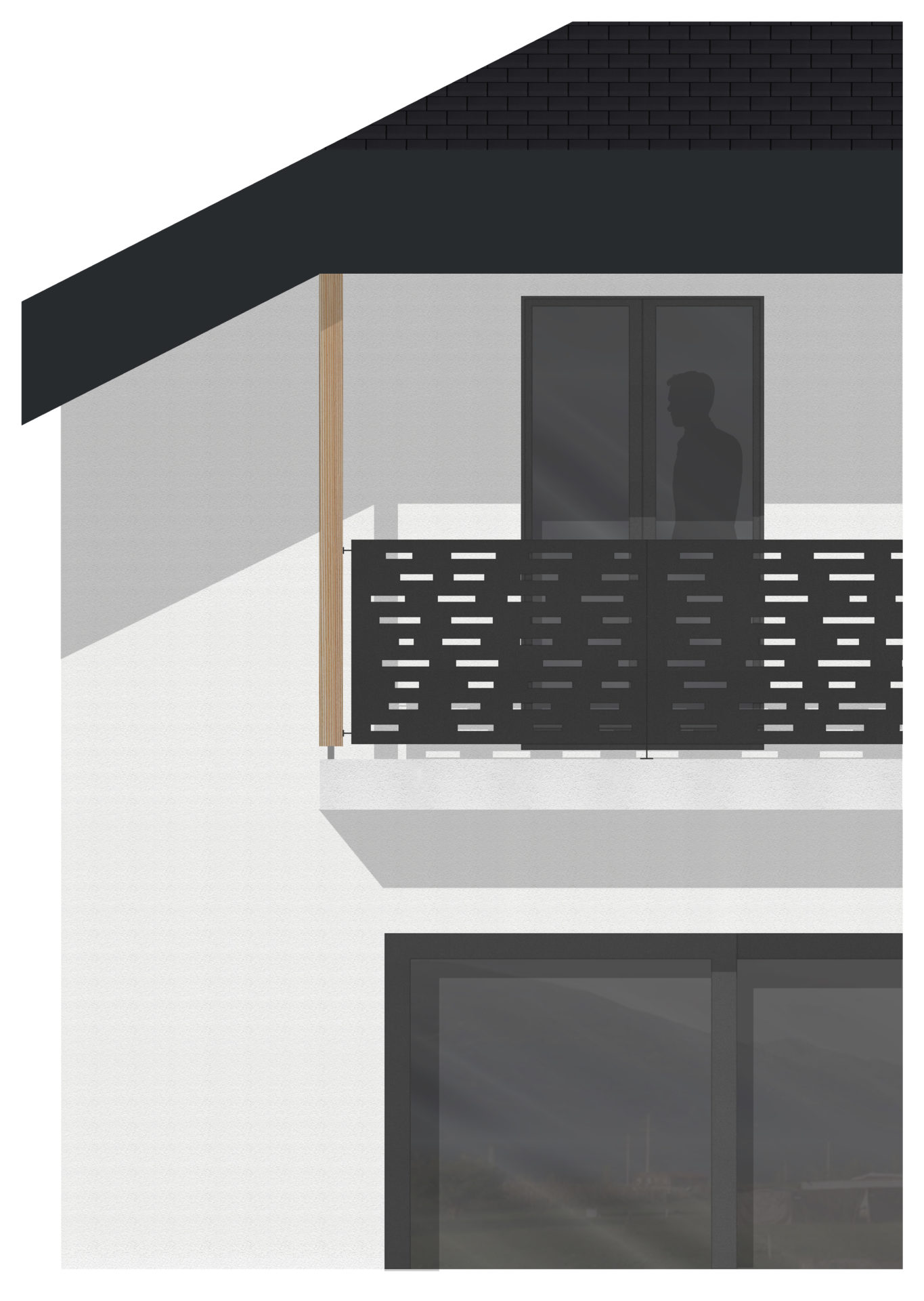 photomontage pour couleur du garde corps, architecture, garde corps noir, poteau bois et façade blanc cassé, étude d'architecture, rénovation de façade, construction isolée et durable, façade esthétique, architecte Sion, architecte Valais, bureau d'architecture, étude d'architecture