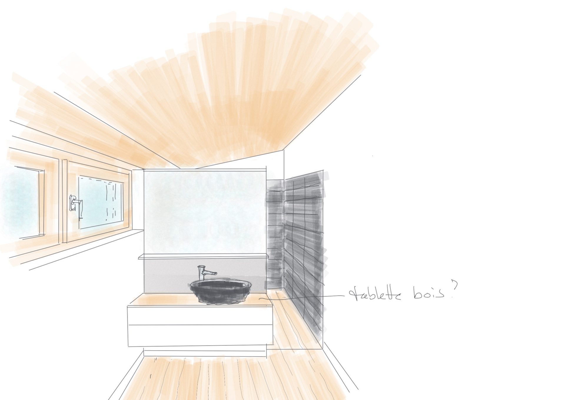 image salle de bain, esquisse d'étude, esquisse d'architecte, proposition de matériaux, matériaux moderne, salle de bain design, aménagement stylé, aménagement intérieur, construction à Saint-Léonard, aménagement de qualité, habitation individuelle, villa de luxe, logement valais, aménagement de luxe