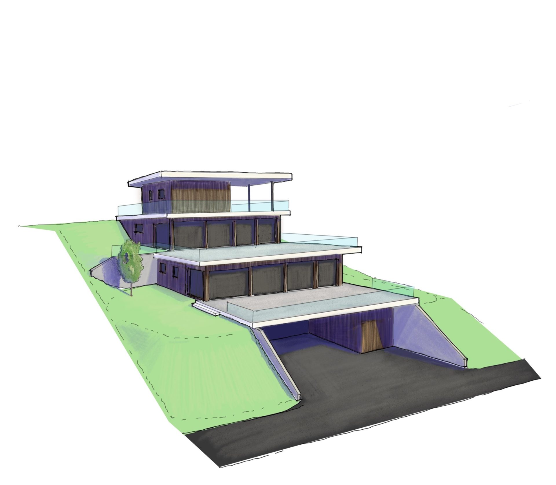 Croquis d'étude, architecture, projet villa, construction, architecture, architecture moderne, Valais, Conthey