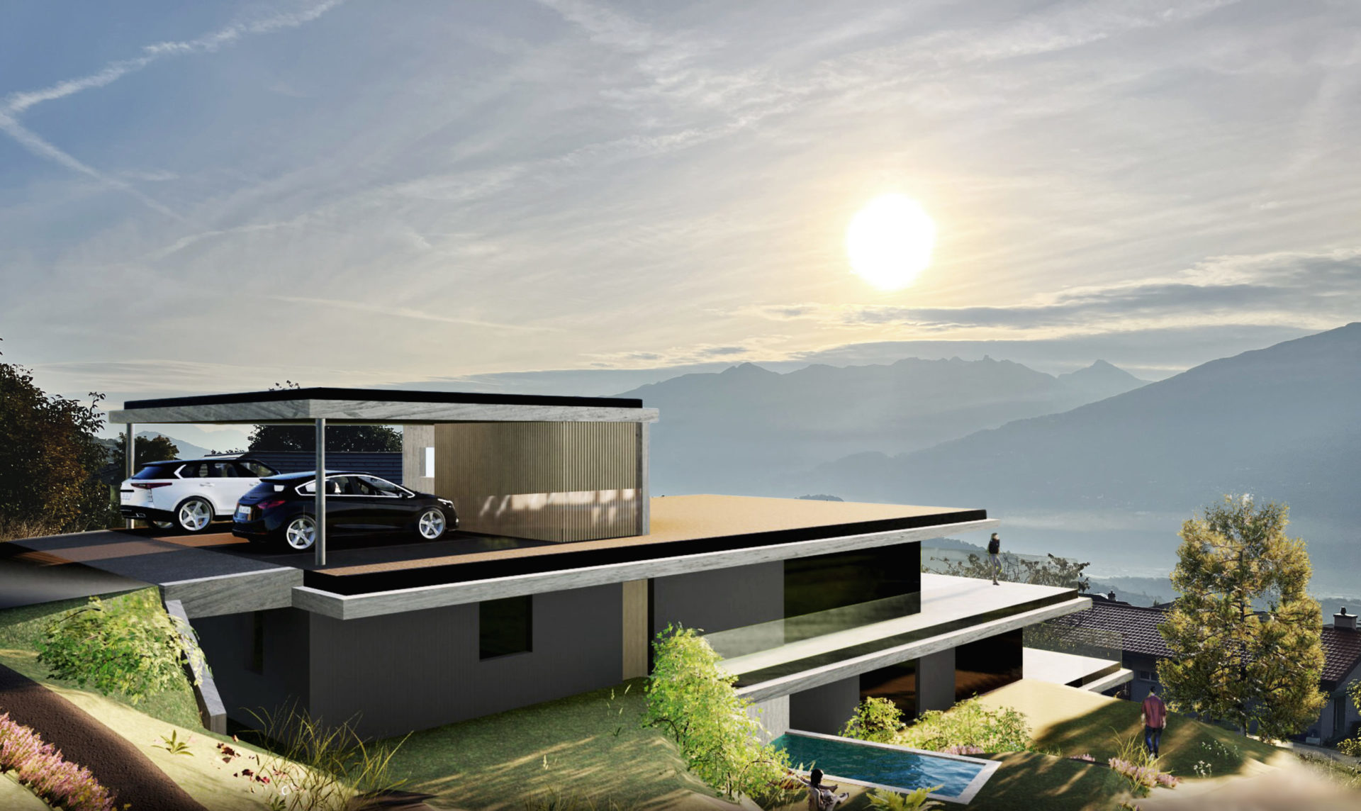 image photoréaliste du projet en terrasse vue d'en haut avec vue sur la plaine du Rhône, la piscine et les différents niveaux d'habitation. Architecture moderne et épurée.