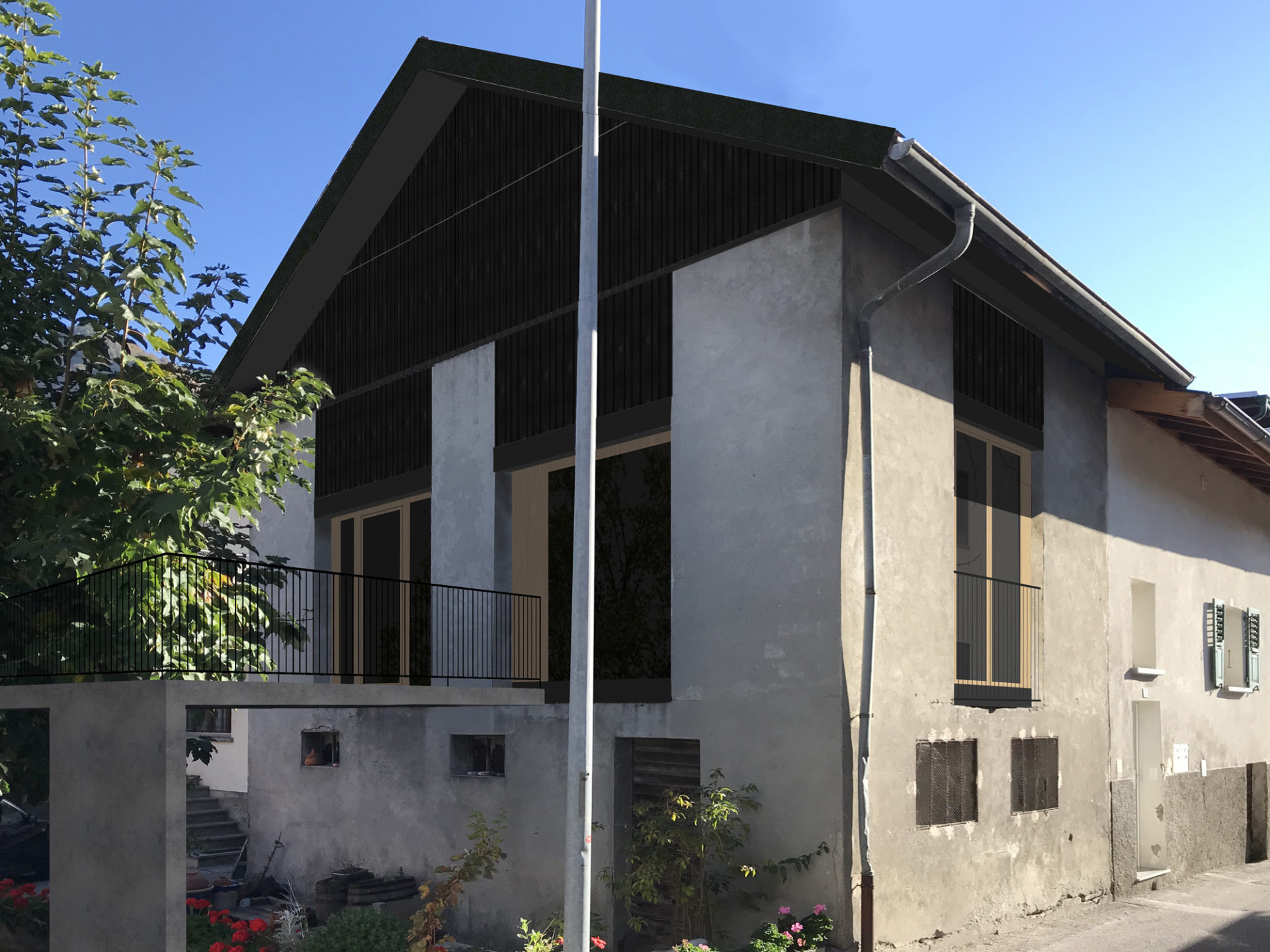 Transformation vieux village | ancienne grange en Valais | transformation d'une grange en habitation individuelle - Saint-Léonard | delalay architecte - Sion | architecte HES | bureau d'architecture, photomontage, projet d'architecture, transformation d'une grange en habitation individuelle, logement Saint-Léonard, maison Saint-Léonard, transformation maison, architecte Sion, architecture Valais, architecture moderne